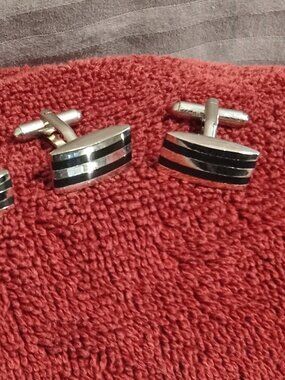 Stainless Steel and Black Onyx Striped Retangular Cufflinks